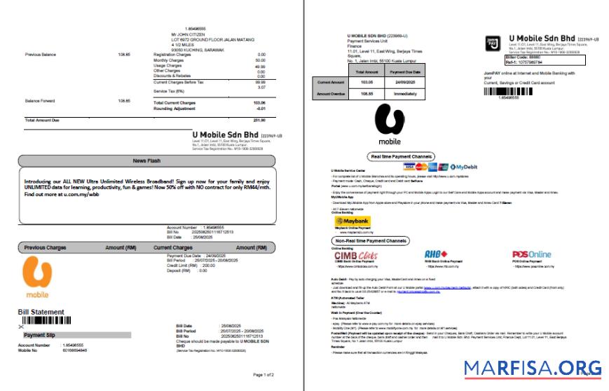 Downloadable Malaysia U Mobile utility bill template in Word and PDF formats, 2 pages